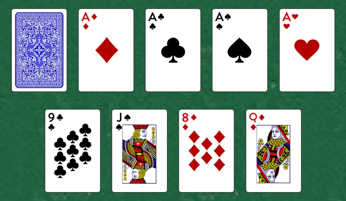The opening deal of Acquaintance Solitaire, laid out on a green felt table.
