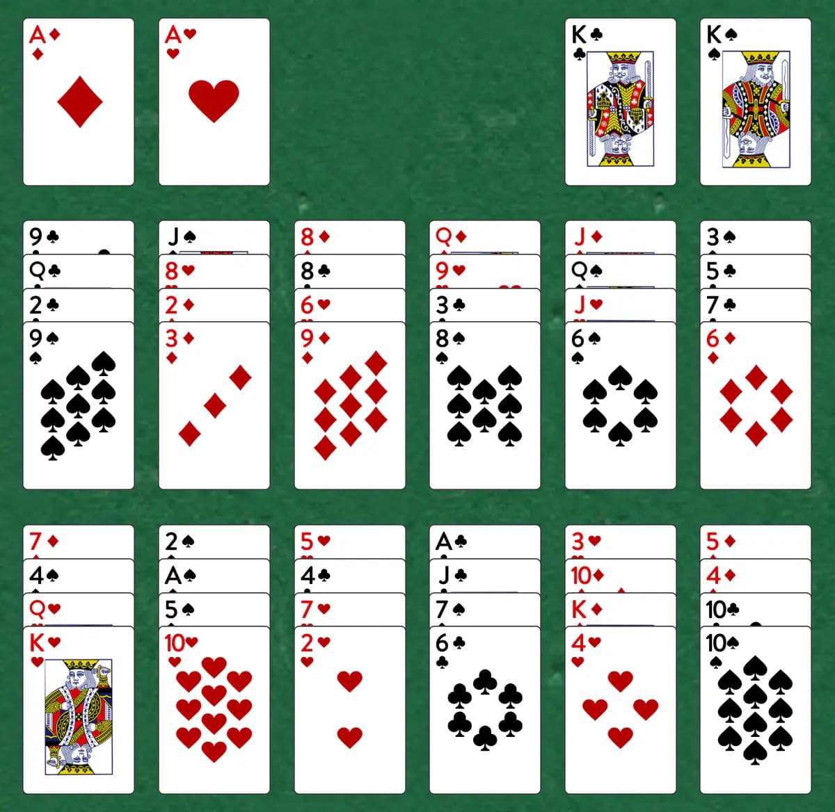 The opening deal of Alexander the Great Solitaire, laid out on a green felt table.