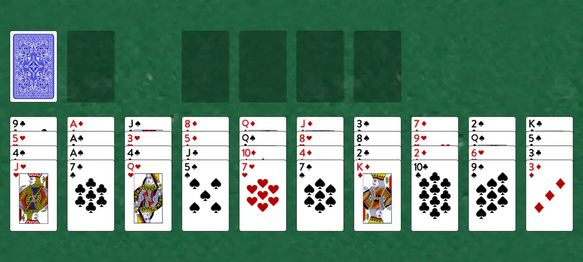 The opening deal of Ali Baba Solitaire, laid out on a green felt table.