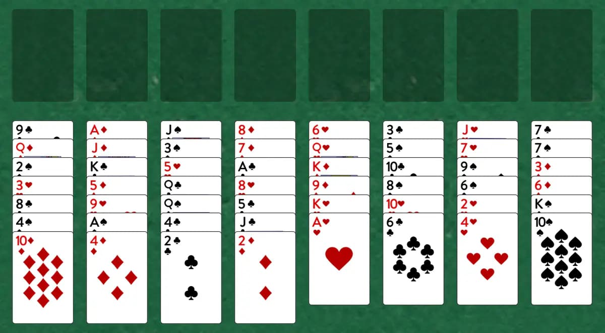 The opening deal of Antares Solitaire, laid out on a green felt table.