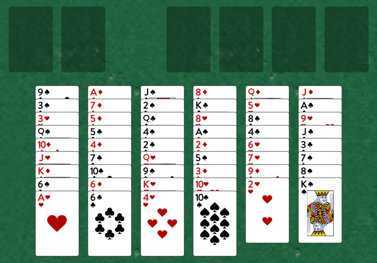 The opening deal of Aunt Mary Solitaire, laid out on a green felt table.