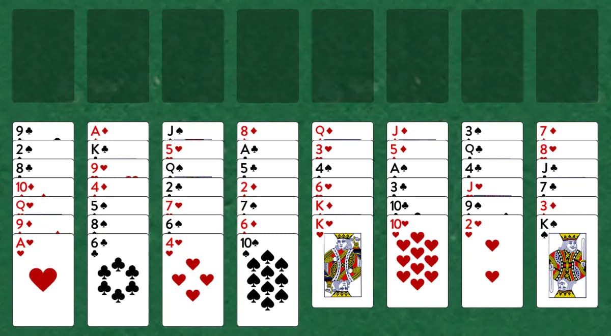 The opening deal of Baker's Solitaire, laid out on a green felt table.