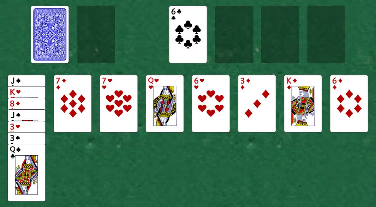 The opening deal of Balcony Solitaire, laid out on a green felt table.