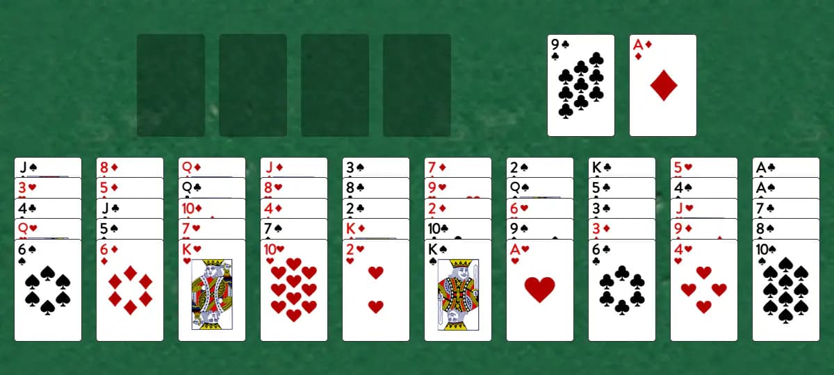 The opening deal of Bastion Solitaire, laid out on a green felt table.