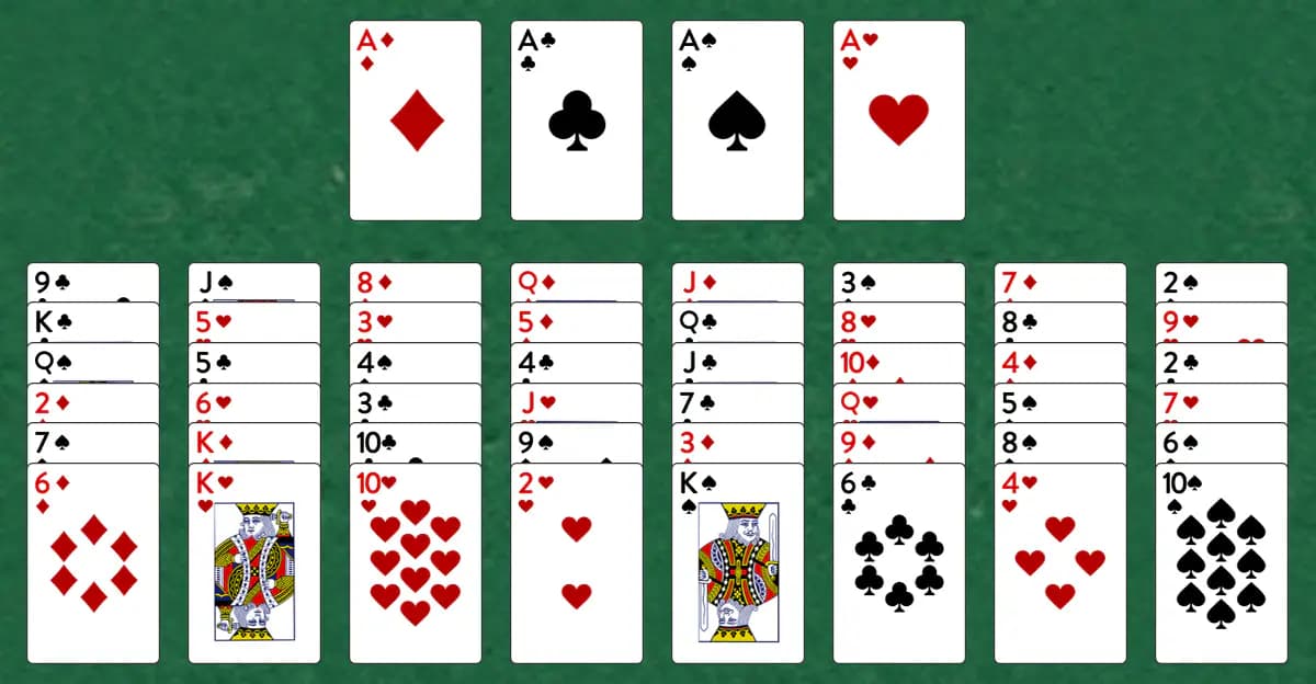 The opening deal of Beleaguered Castle Solitaire, laid out on a green felt table.