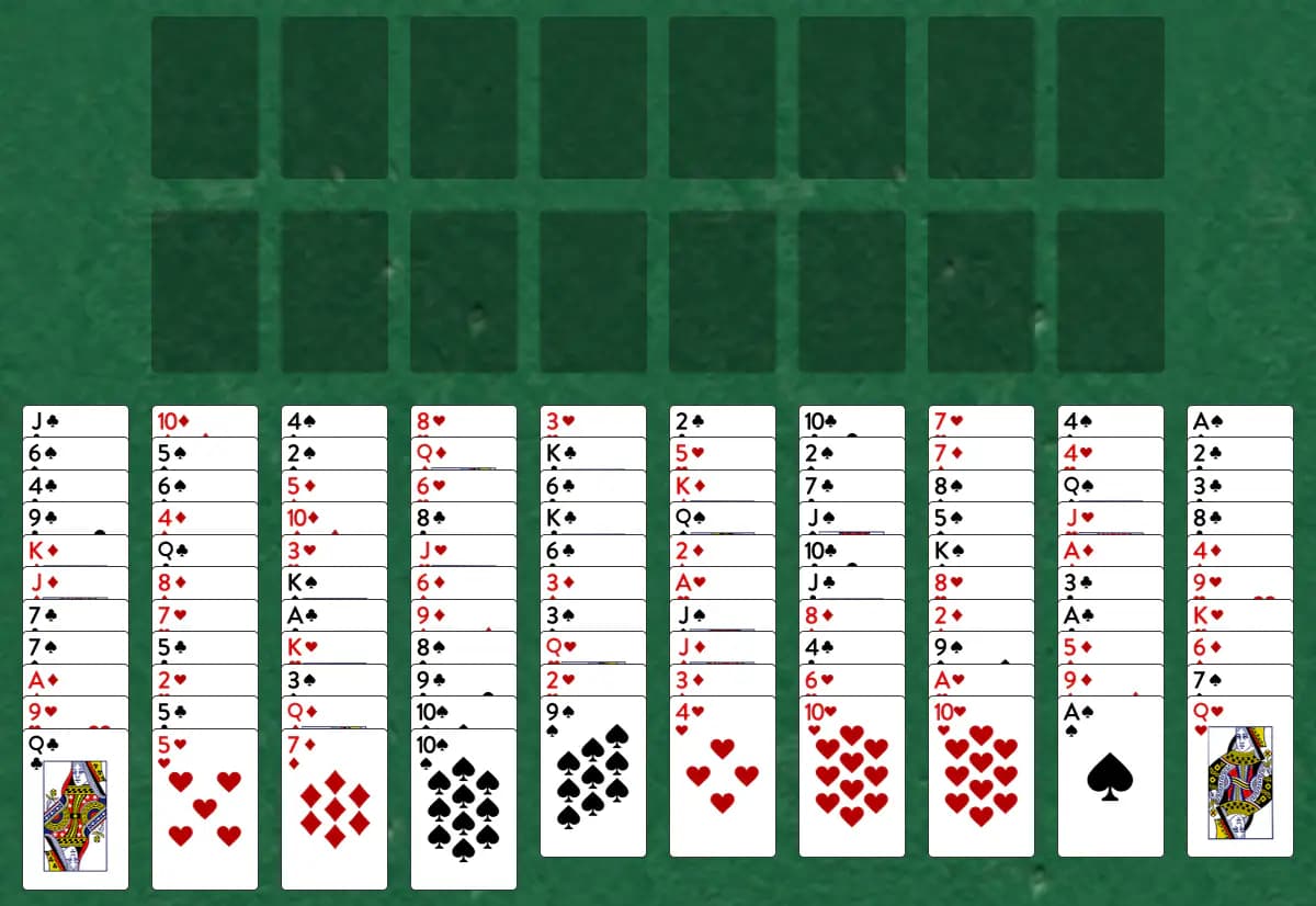 The opening deal of Big FreeCell Solitaire, laid out on a green felt table.