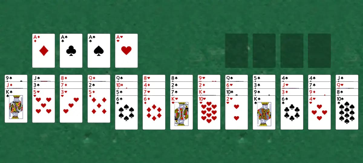 The opening deal of Bisley Solitaire, laid out on a green felt table.