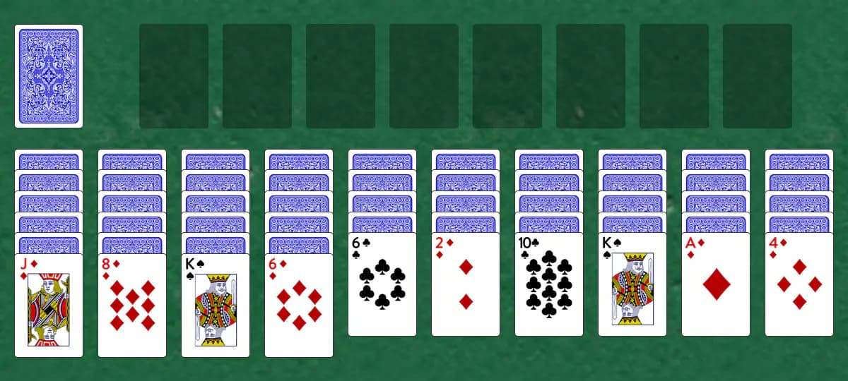 The opening deal of Black Widow Solitaire, laid out on a green felt table.