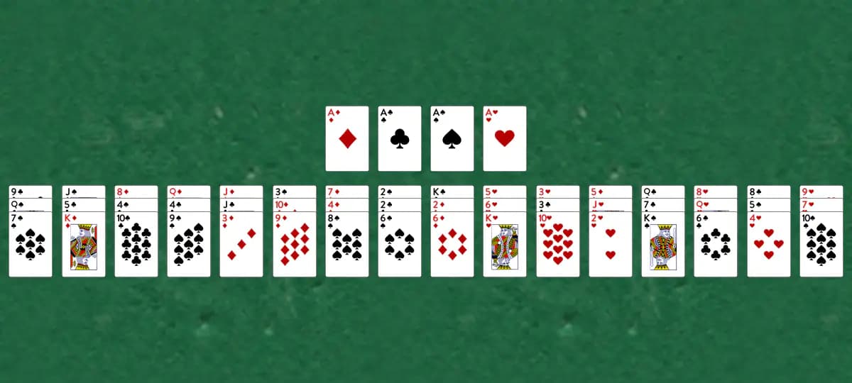 The opening deal of Box Fan Solitaire, laid out on a green felt table.