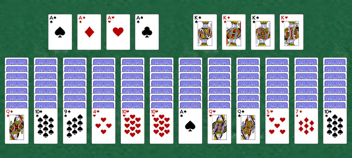 The opening deal of Box Kite Solitaire, laid out on a green felt table.