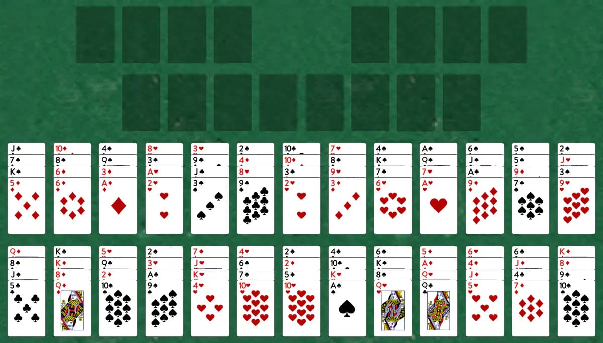 The opening deal of Buffalo Bill Solitaire, laid out on a green felt table.