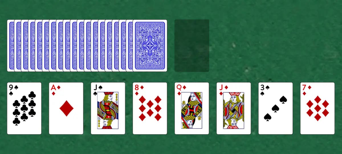 The opening deal of Bunker Solitaire, laid out on a green felt table.