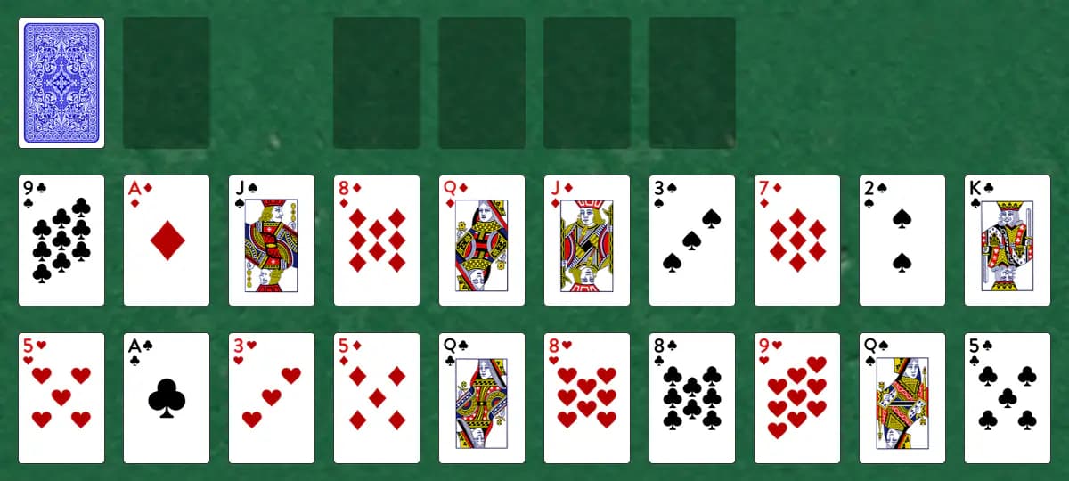The opening deal of Carpet Solitaire, laid out on a green felt table.
