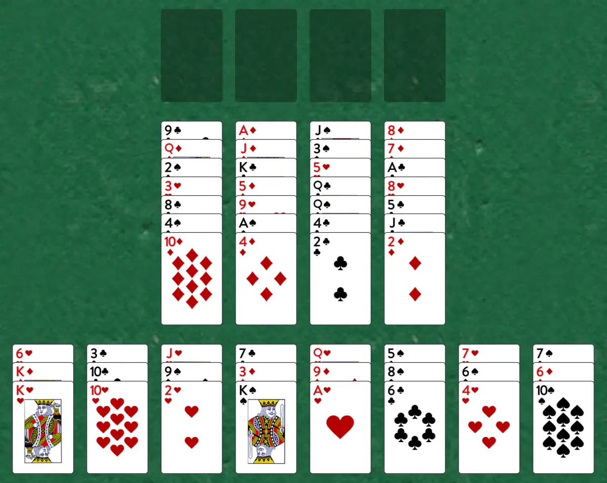 The opening deal of Castile Solitaire, laid out on a green felt table.