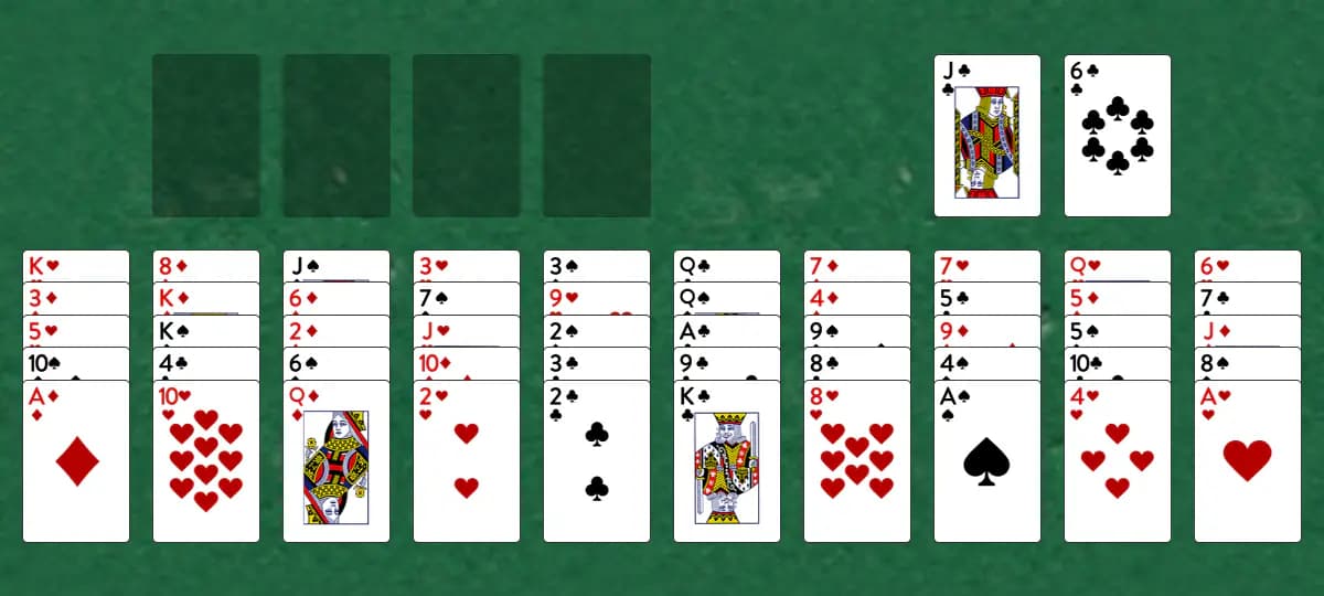 The opening deal of Castle's End Solitaire, laid out on a green felt table.