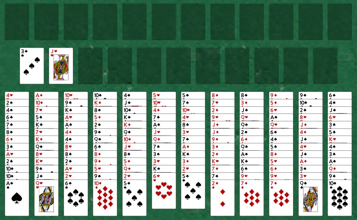 The opening deal of Cell Eleven Solitaire, laid out on a green felt table.