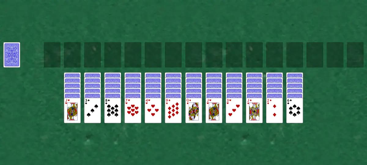 The opening deal of Chinese Spider Solitaire, laid out on a green felt table.