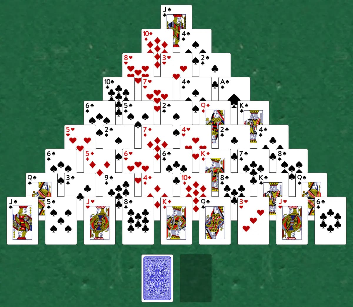 The opening deal of Double Pyramid Solitaire, laid out on a green felt table.