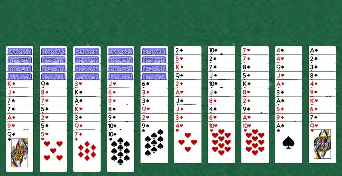 The opening deal of Double Scorpion Solitaire, laid out on a green felt table.