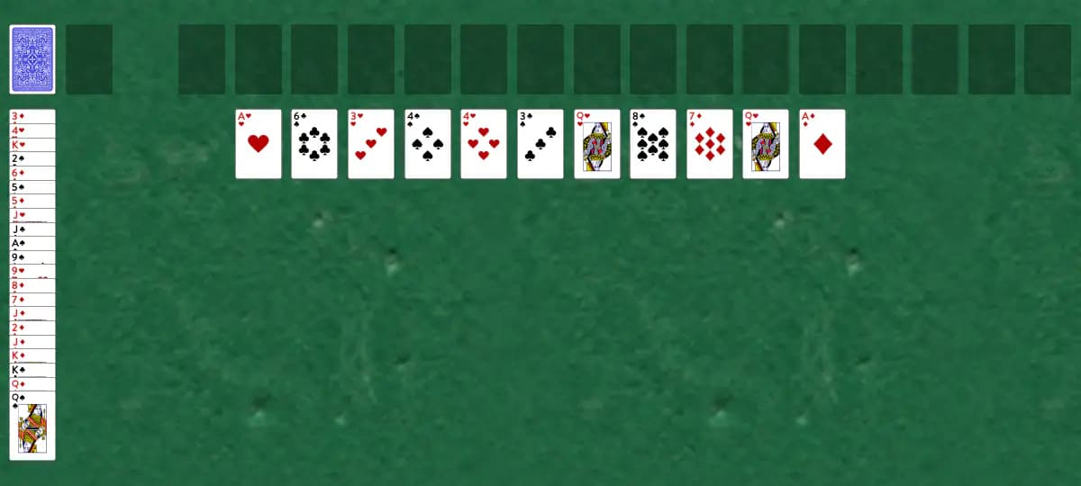 The opening deal of Double Signora Solitaire, laid out on a green felt table.