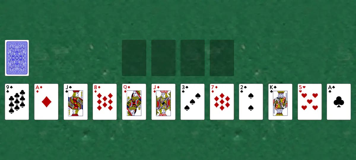 The opening deal of Eighteens Solitaire, laid out on a green felt table.