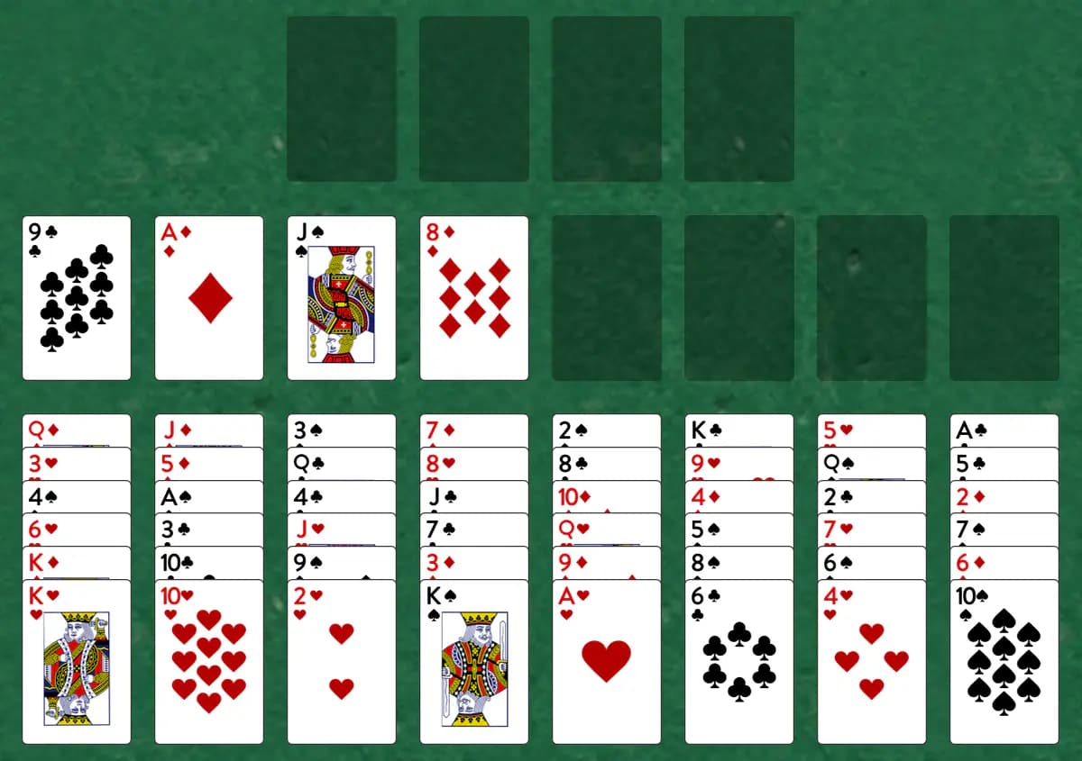 The opening deal of Eight Off Solitaire, laid out on a green felt table.