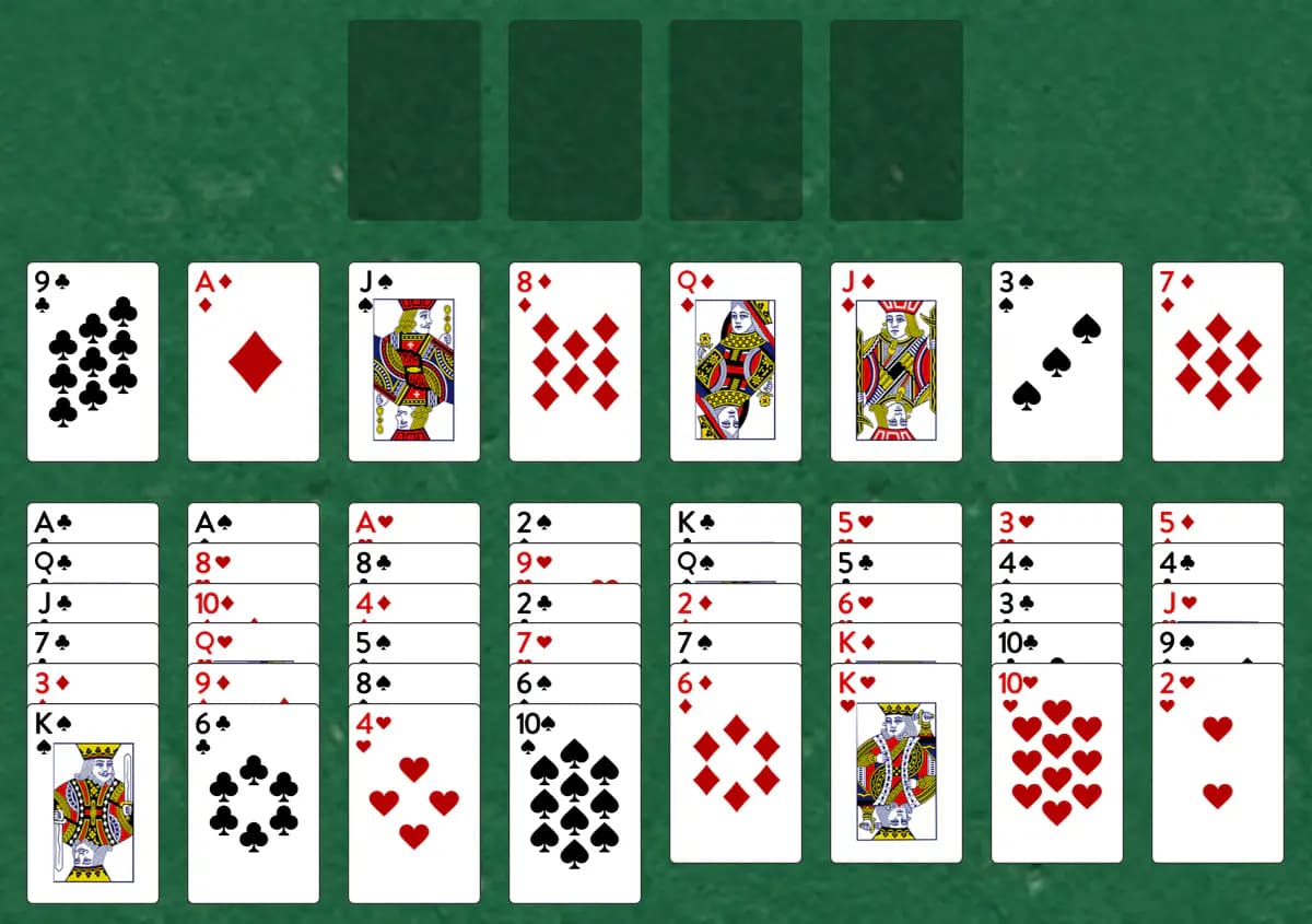 The opening deal of Eight On Solitaire, laid out on a green felt table.