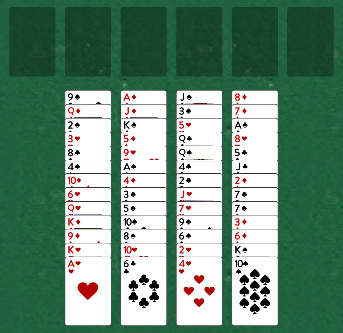 The opening deal of Eliminator Solitaire, laid out on a green felt table.