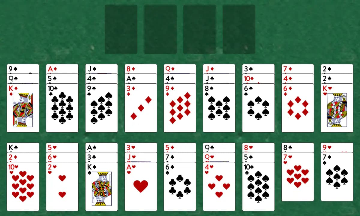 The opening deal of Fan Solitaire, laid out on a green felt table.