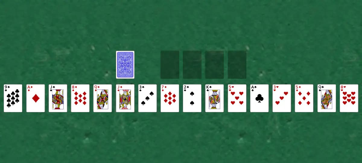 The opening deal of Fifteens Solitaire, laid out on a green felt table.