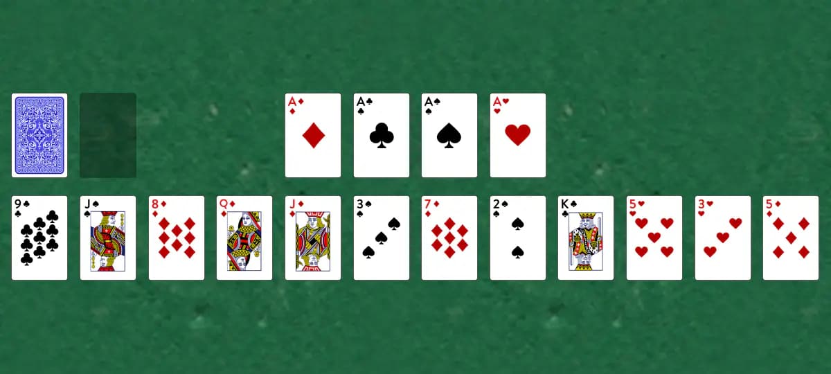 The opening deal of Fortune's Favor Solitaire, laid out on a green felt table.