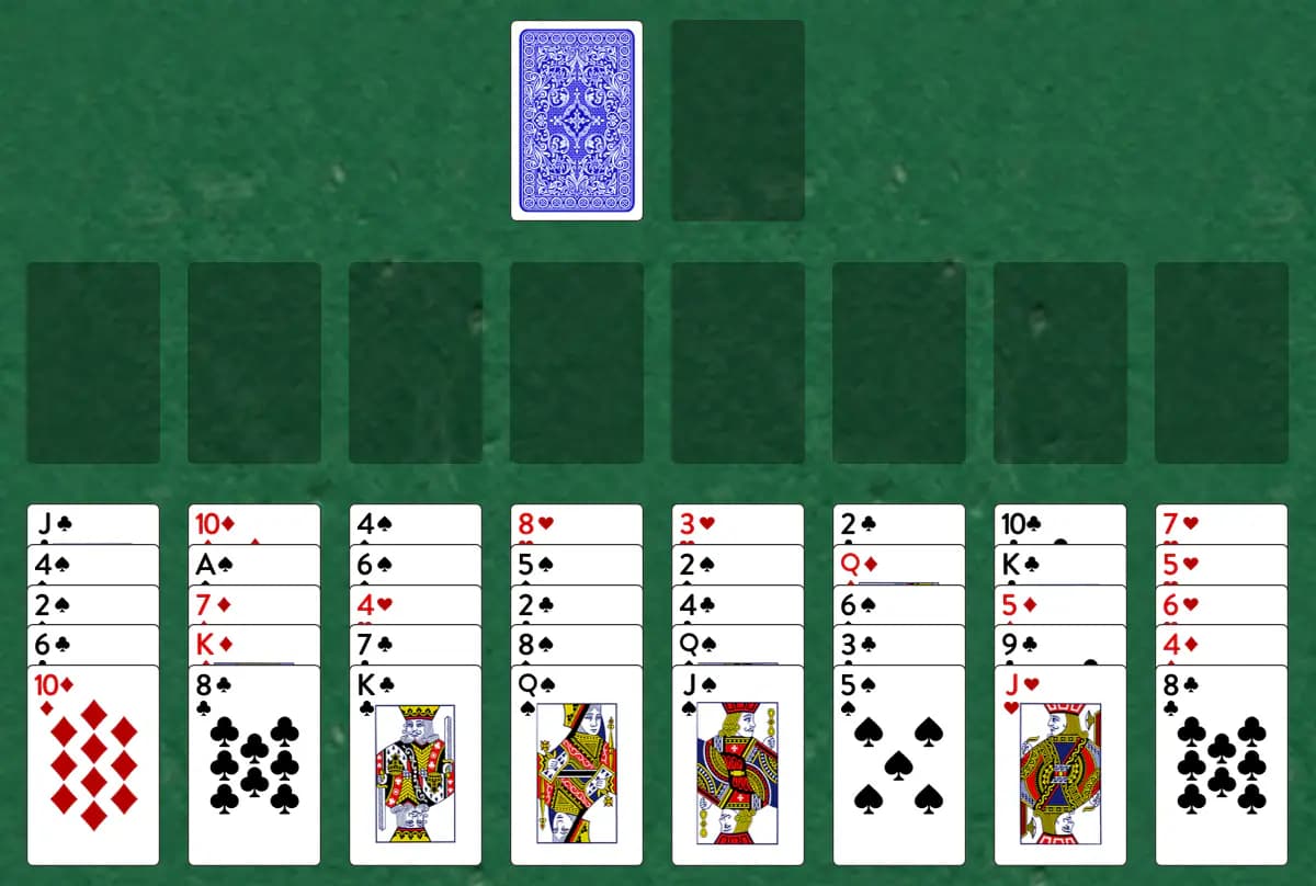 The opening deal of Forty and Eight Solitaire, laid out on a green felt table.