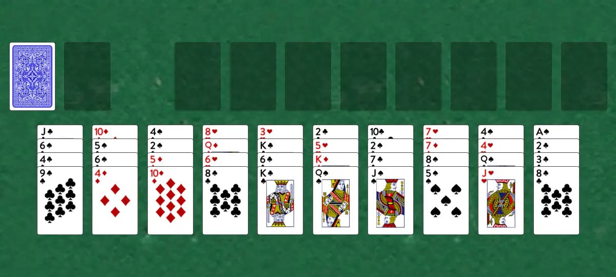 The opening deal of Forty Thieves Solitaire, laid out on a green felt table.