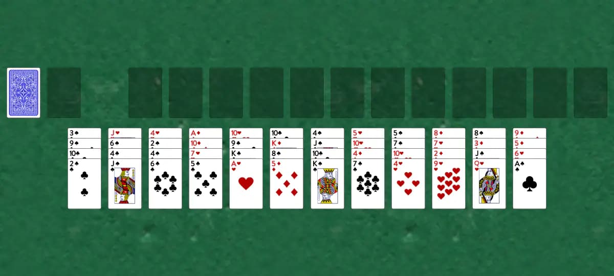 The opening deal of Forty Thieves (3 deck) Solitaire, laid out on a green felt table.