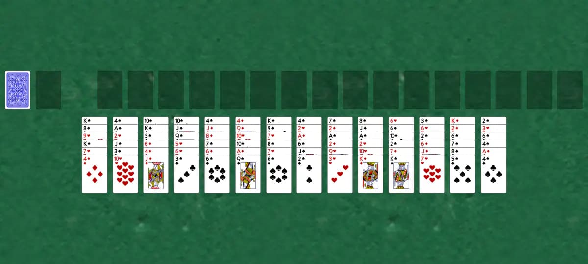 The opening deal of Forty Thieves (4 deck) Solitaire, laid out on a green felt table.