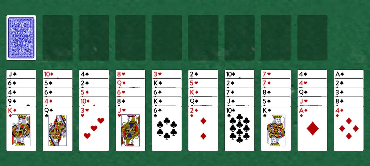 The opening deal of Fred's Spider Solitaire, laid out on a green felt table.