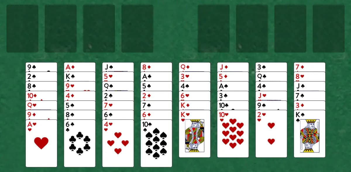 The opening deal of FreeCell Solitaire, laid out on a green felt table.