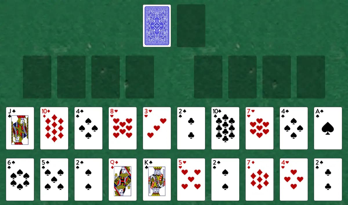 The opening deal of Grandfather Solitaire, laid out on a green felt table.