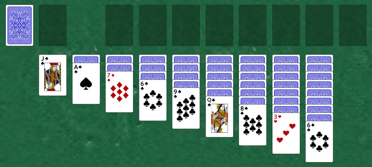 The opening deal of Harp Solitaire, laid out on a green felt table.