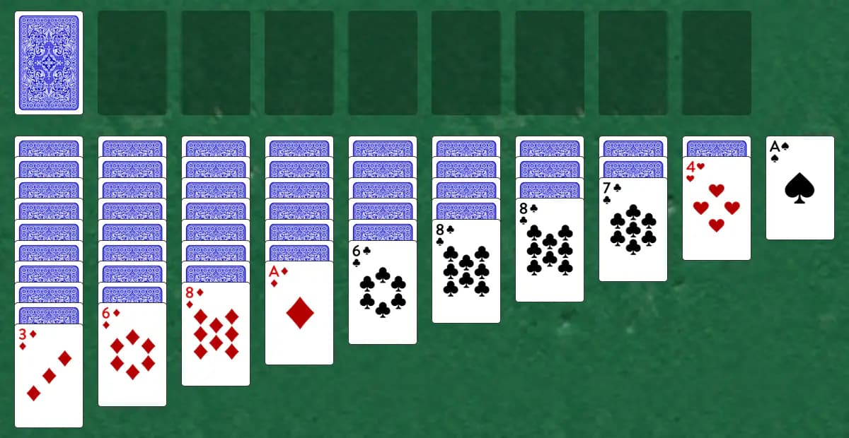 The opening deal of Hypotenuse Solitaire, laid out on a green felt table.