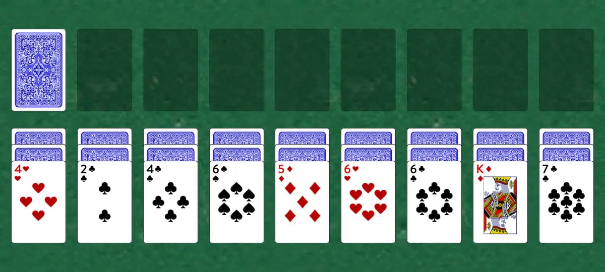 The opening deal of Irmgard Solitaire, laid out on a green felt table.