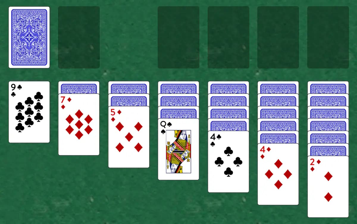 The opening deal of Klondike (One Card) Solitaire, laid out on a green felt table.