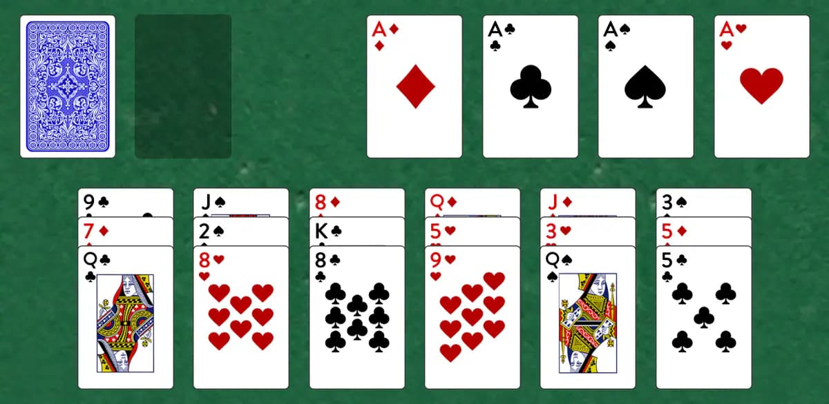 The opening deal of Lanes Solitaire, laid out on a green felt table.