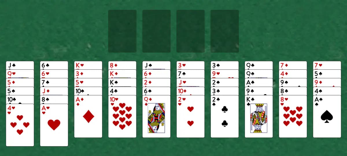 The opening deal of Lasker Solitaire, laid out on a green felt table.