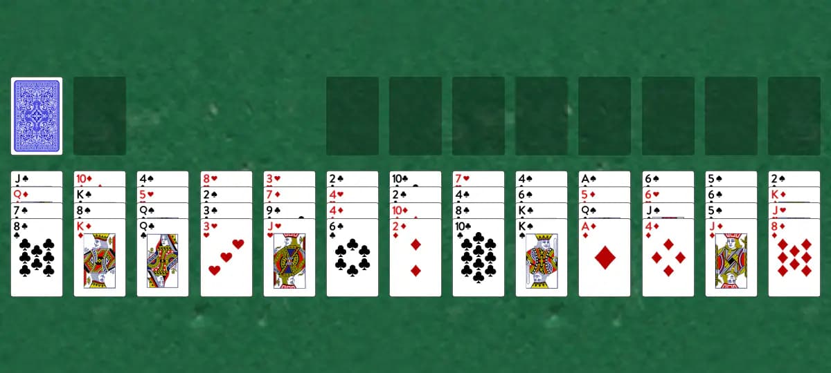 The opening deal of Lucas Leaps Solitaire, laid out on a green felt table.