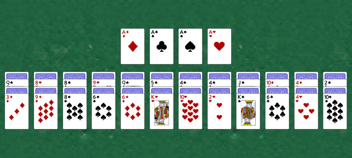 The opening deal of Martha Solitaire, laid out on a green felt table.