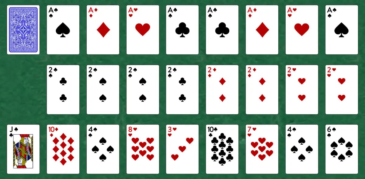 The opening deal of Mount Olympus Solitaire, laid out on a green felt table.