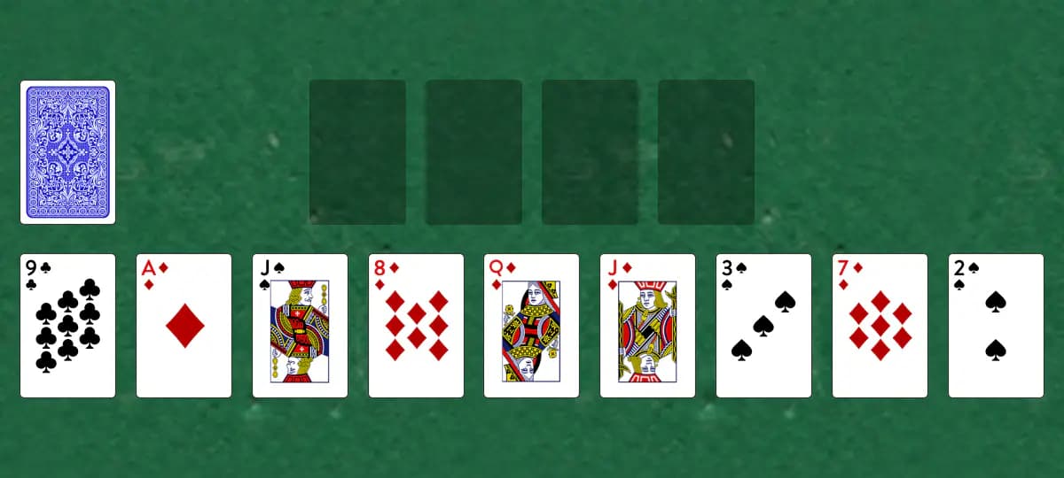 The opening deal of Nines Solitaire, laid out on a green felt table.