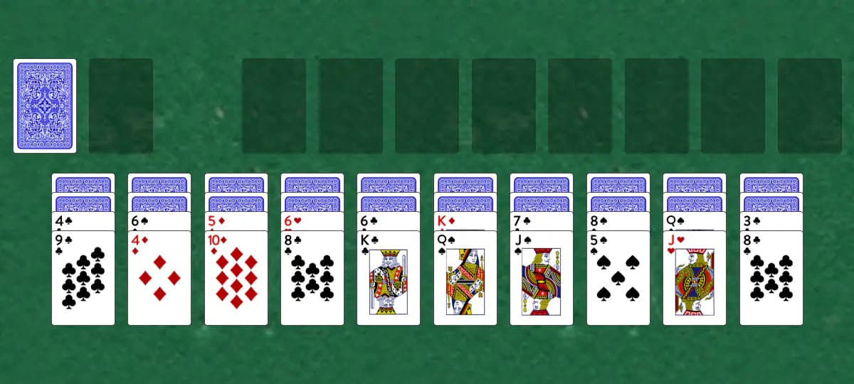 The opening deal of Number Ten Solitaire, laid out on a green felt table.