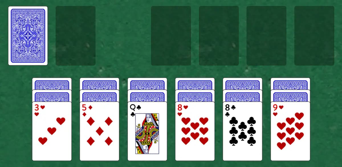 The opening deal of Pas Seul Solitaire, laid out on a green felt table.
